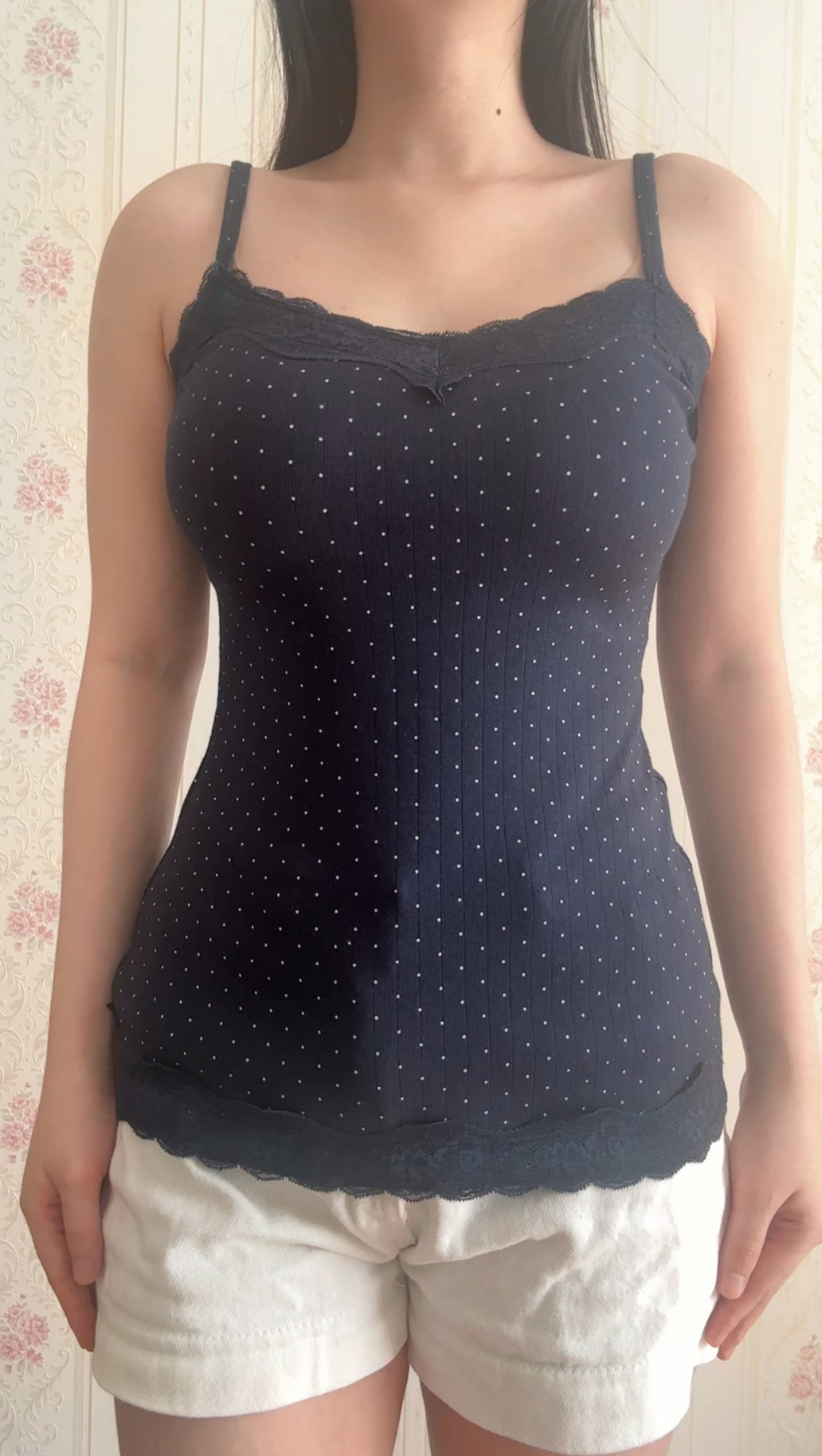 Navy blue polka dots lace cami