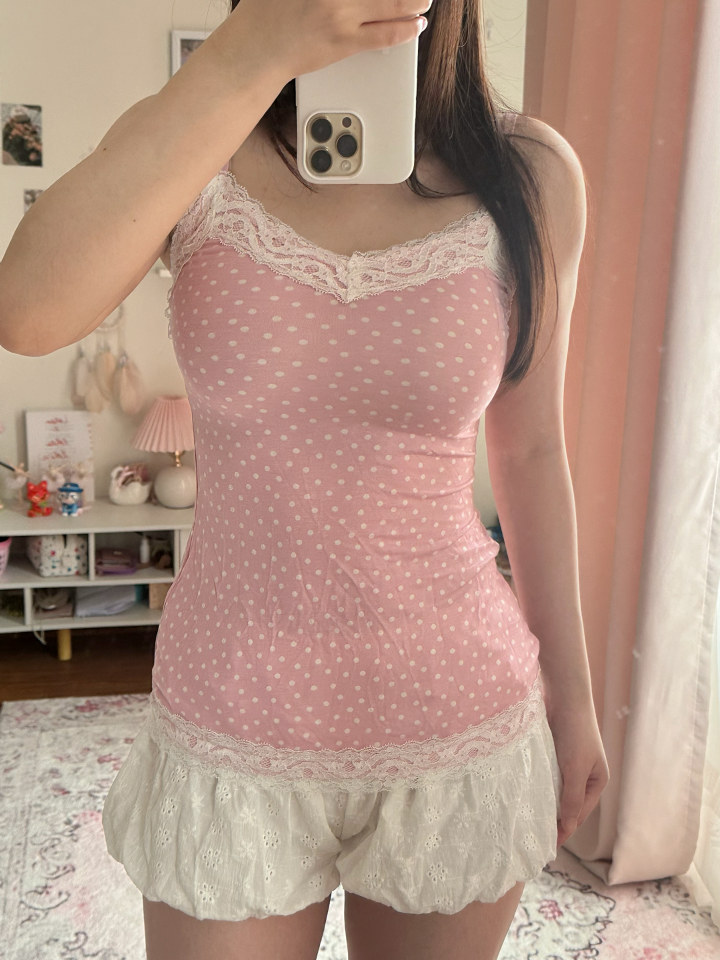 Pink polka dot lace cami