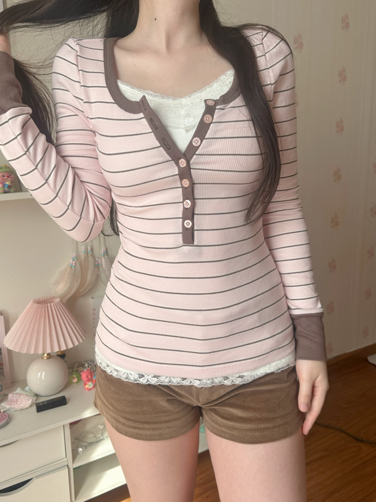 Pink stripe henley top